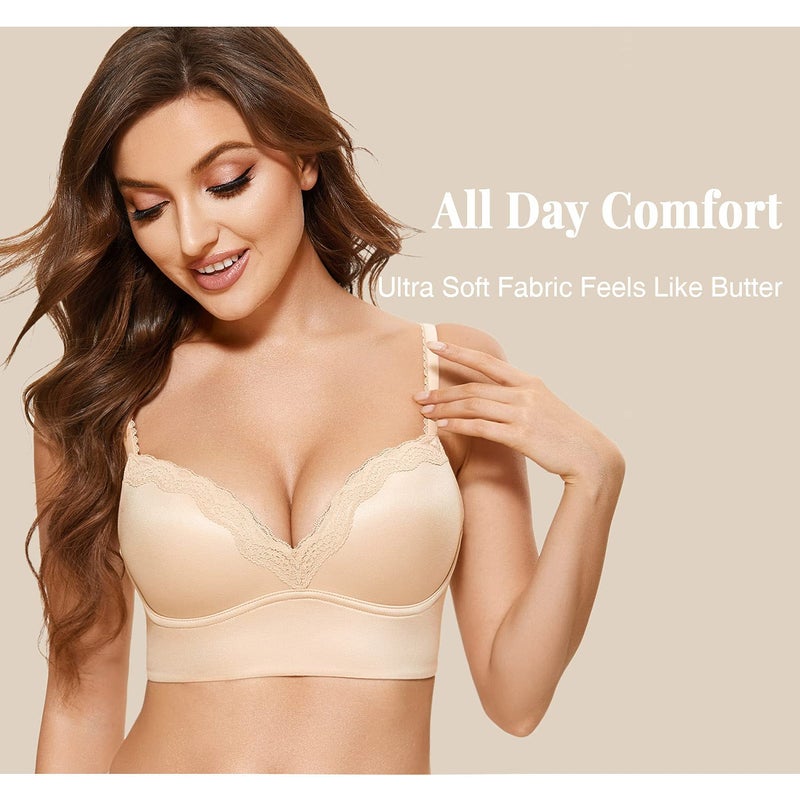 DOBREVA Women's Push Up Bra Wireless Padded No Underwire Back Smoothing Bralettes Sports Bras Beige 34DD - Image 2